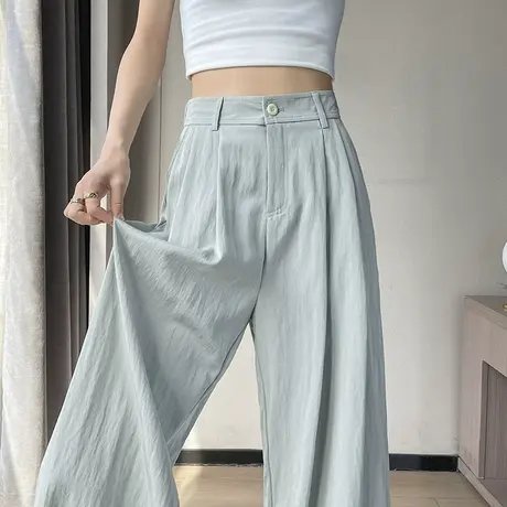 冰丝亚麻薄荷绿西装裤女夏季薄款高腰宽松直筒垂感棉麻休闲阔腿裤商品大图