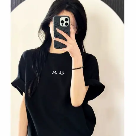 圆领韩版宽松显瘦黑色t恤2025年新款纯棉短袖简约百搭重磅设计感T商品大图