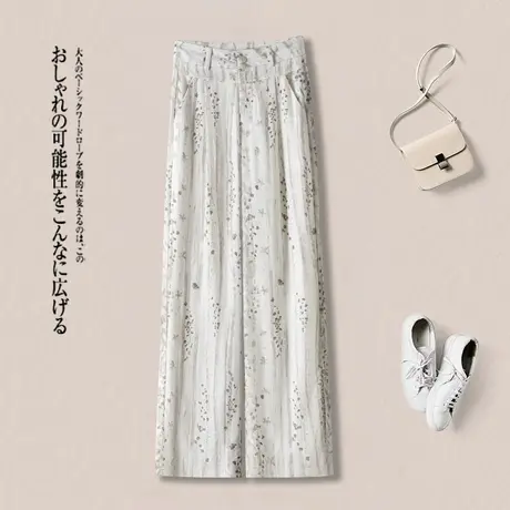 天丝亚麻阔腿裤女2025新款夏季轻薄休闲宽松印花长裤子显瘦直筒裤商品大图