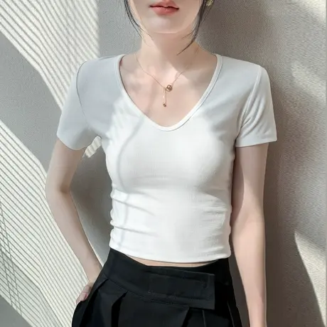 韩版深V领短袖T恤女2025春夏新款修身正肩露脐纯色简约百搭打底衫图片