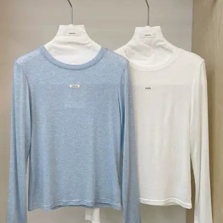 2025夏季新款简约纯色圆领修身打底衫天丝羊毛长袖T恤女防晒罩衫图片