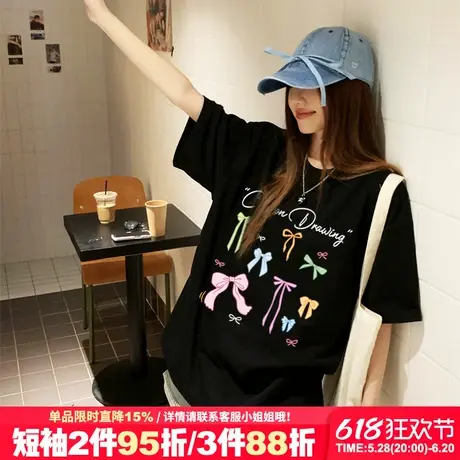 2025新款设计感蝴蝶结印花黑色短袖t恤女小众超火甜酷风半袖上衣图片