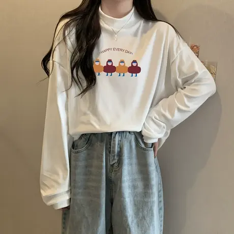 半高领德绒打底衫女秋冬季内搭宽松大码加绒加厚长袖T恤印花上衣商品大图