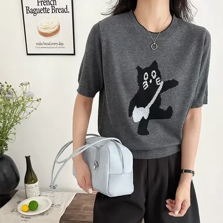 韩系穿搭卡通针织短袖t恤女2025新款春夏薄款打底衫减龄上衣小衫图片