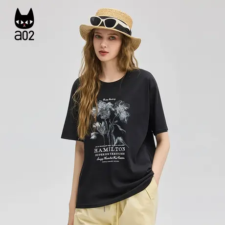 a02黑色上衣宽松圆领短袖女T恤2025新款夏季薄款设计感半袖衣服图片