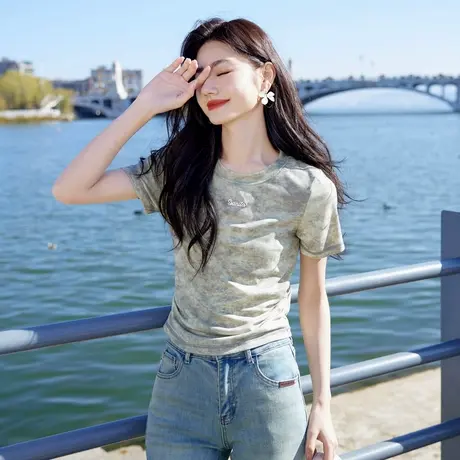 时尚短袖T恤2024x季新款女圆领百搭修身显瘦晕染通勤个性上衣图片