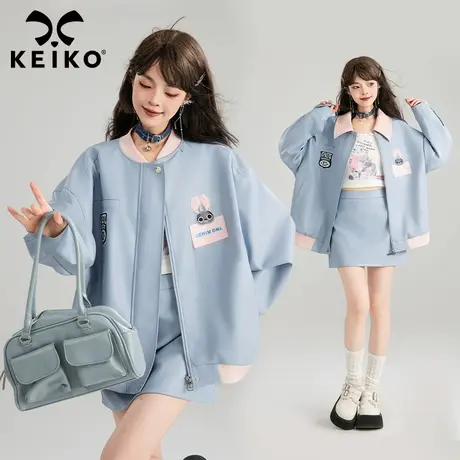 KEIKO 酷女孩腔调蓝色皮衣外套25春季美式复古小个子皮夹克棒球服图片