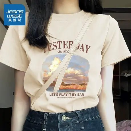 KMV真维斯纯棉短袖女t恤2025新款夏季宽松正肩情侣装半袖大码上衣商品大图