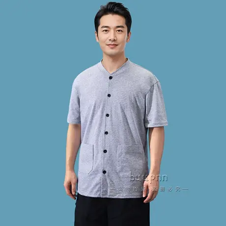 纯棉开衫短袖t恤男中老年人爸爸夏装汗衫有口袋宽松护颈老头衫图片