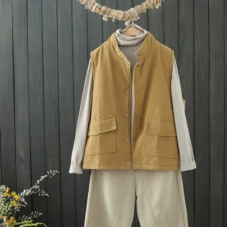 秋冬季新品宽松大码夹棉立领马夹坎肩复古无袖暗扣马甲女外搭上衣图片