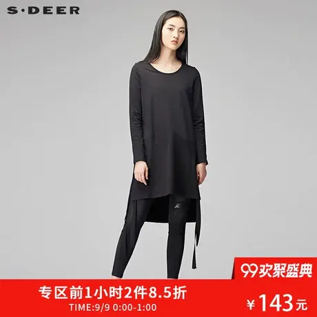 sdeer圣迪奥女酷黑开衩底摆飘带装饰套头圆领长款针织衫S17460241图片