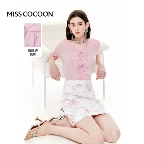 可可尼COCOON【金粉绮生】2025夏季新款欧根纱荷叶边V领针织衫女图片