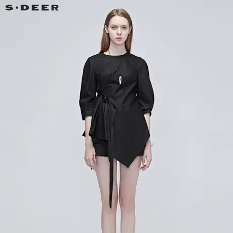 【直播间专属】sdeer圣迪奥女装斜面剪切飘带褶皱上衣S20280512图片