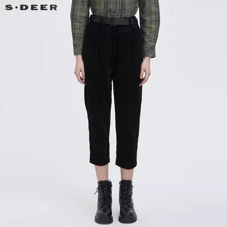 sdeer圣迪奥女装休闲插袋纯黑腰带灯芯绒九分裤S19480878图片