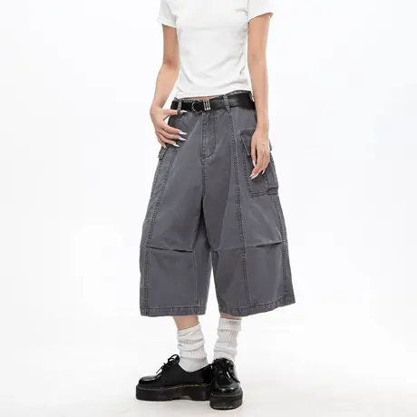 美式复古潮牌水洗工装七分阔腿裤女夏多口袋纯棉宽松休闲直筒短裤商品大图