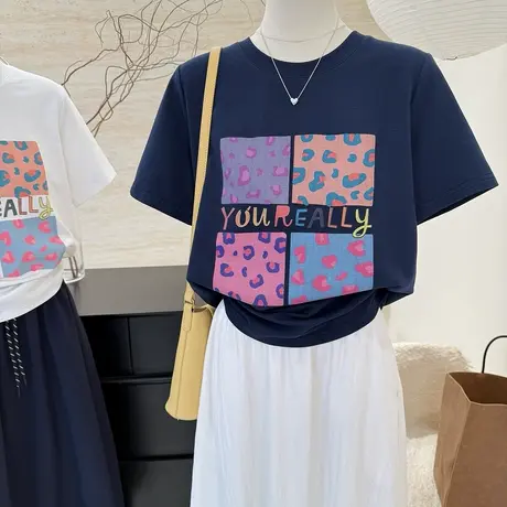 豹纹字母印花t恤上衣印花t夏季新款圆领字母宽松雪花棉短袖T恤女商品大图