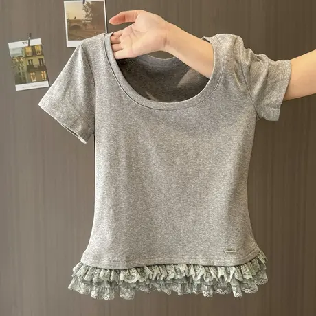 小个子短款短袖T恤女夏季修身韩版蕾丝花边下摆U领正肩半袖上衣潮商品大图