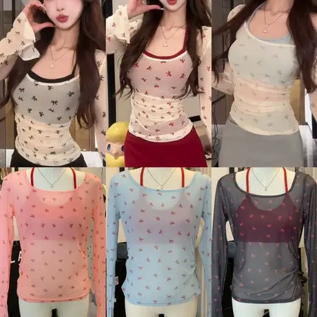 2025蝴蝶结印花罩衫夏季超薄网纱透视褶皱收腰显瘦长袖防晒上衣商品大图