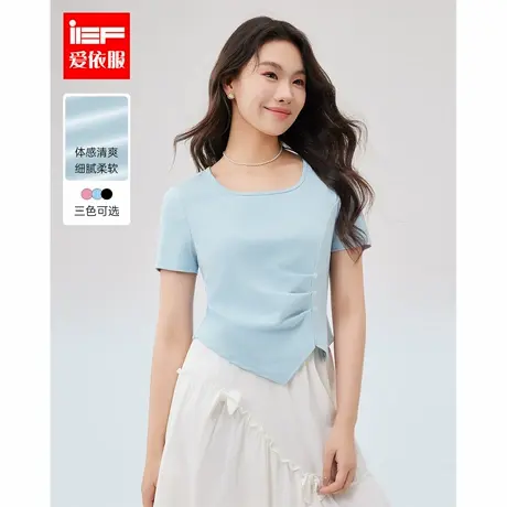 IEF/爱依服大码女装2024夏新款微胖不规则设计褶皱短款百搭棉上衣图片