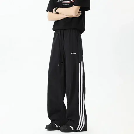 裤子男春季新款黑色条纹长裤oversize港风大码高街宽松运动直筒裤图片