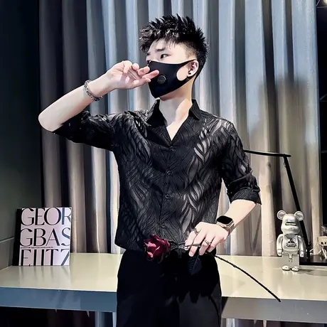 发型师七分中袖衬衫男士春夏季潮流修身镂空半透衬衣夜店痞帅上衣图片