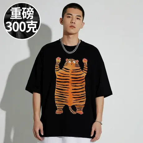 【100%棉】300斤大码男装美式潮牌宽松胖子加肥加大半截袖短袖T恤商品大图