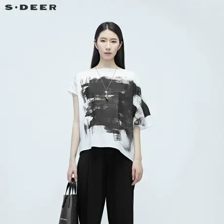 sdeer圣迪奥女夏装宽松涂鸦不规则落肩宽松清凉雪纺T恤S20280185🎇商品大图