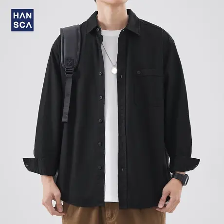hansca翻领长袖衬衫男春季新款日系纯色简约宽松百搭休闲上衣外套商品大图