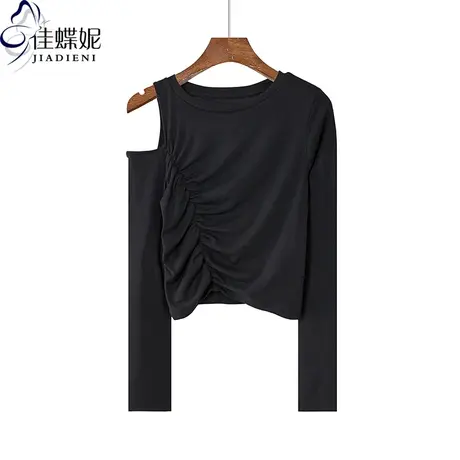 春季韩版纯白修身显瘦短款高腰褶皱露肩圆领长袖女装体恤上衣T恤图片