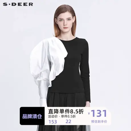 sdeer圣迪奥女装个性圆领撞色拼接夸张长袖T恤S22180202🆓商品大图