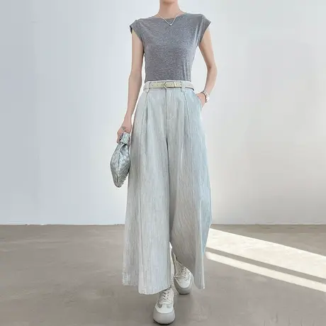 白灰色棉麻阔腿裤女夏季薄款垂感九分小个子直筒休闲亚麻牛仔裤子商品大图