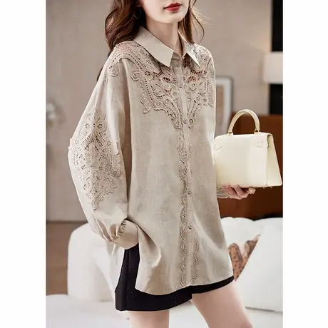 宝诗黎蕾丝镂空拼接莱赛尔衬衫2025春季韩版宽松大码休闲长袖衬衣商品大图