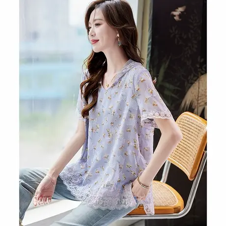 宝诗黎连帽蕾丝拼接印花小衫2025夏季韩系气质宽松休闲大码雪纺衫图片