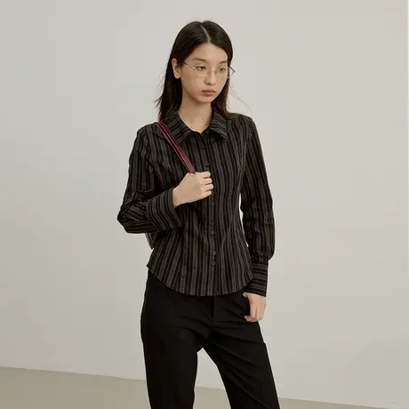 omont蛋挞家 复古条纹长袖衬衫夏季新款收腰修身显瘦衬衣上衣商品大图