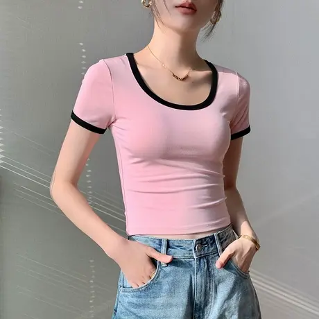 撞色拼接圆领短袖T恤女2025夏季新款正肩修身露肩设计感小众上衣图片