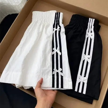 蝴蝶结拼接设计感阔腿休闲短裤女夏季韩版高腰宽松条纹运动热裤潮商品大图