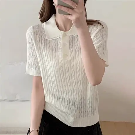 蕾丝边拼接polo领短袖t恤女2025新款春夏薄款显瘦打底衫针织上衣商品大图