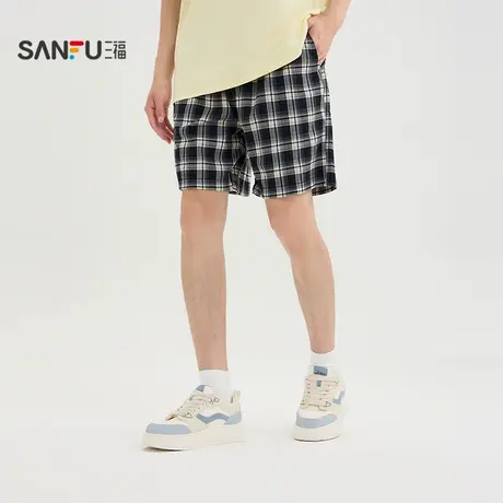 三福2025夏季男士格子短裤 休闲时尚宽松橡筋腰头裤子500959商品大图