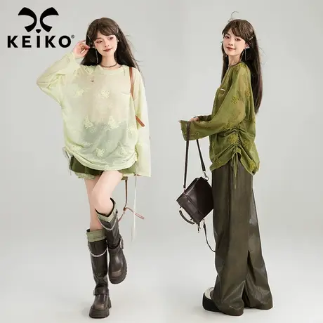 KEIKO [立体绣] 轻透感碟纹长袖t恤女2025新款气质薄荷绿针织上衣图片