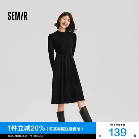 森马连衣裙女中长款修身正肩内搭优雅2024新款冬拼接灯芯绒小黑裙商品大图