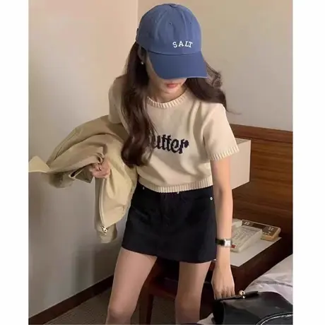 刺绣冰丝针织正肩短袖t恤女夏季设计感小众修身显瘦辣妹短款上衣图片