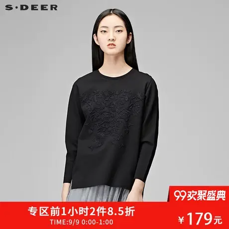 sdeer圣迪奥秋冬打底衫复古休闲立体绣花短款长袖T恤女S17480239图片