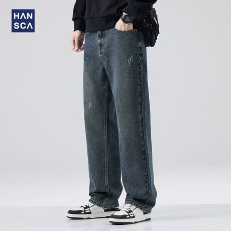 hansca复古阔腿牛仔裤男秋季新款潮牌微磨破美式高街垂感直筒长裤图片