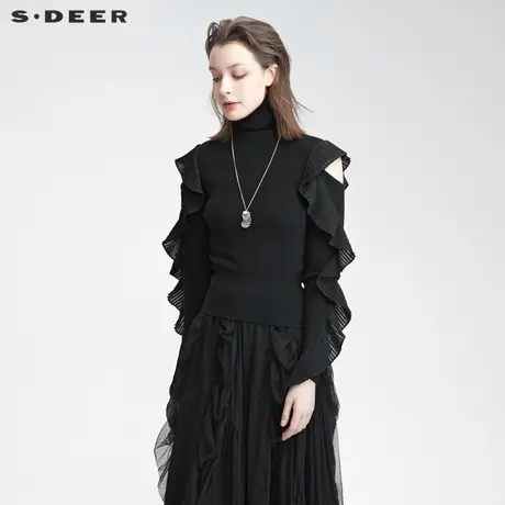 sdeer圣迪奥女装高领露肩拼接抽褶不规则修身针织衫S22183512图片