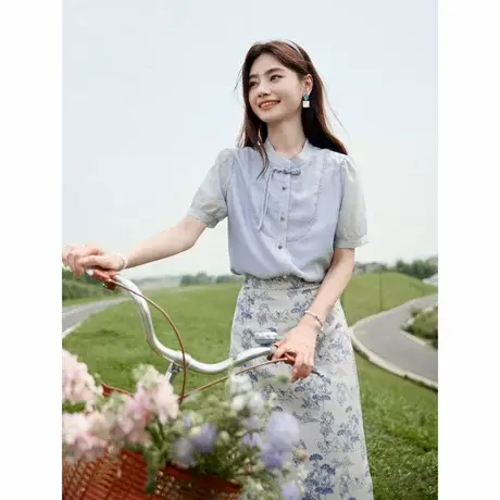 时尚气质国风休闲短袖衬衫女2024年夏季新款温柔淑女透气百搭上衣商品大图