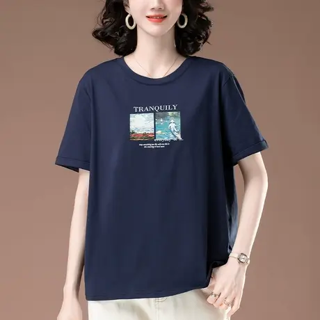加肥加大码短袖t恤女夏装新款中年妈妈纯棉印花宽松显瘦半袖体恤图片