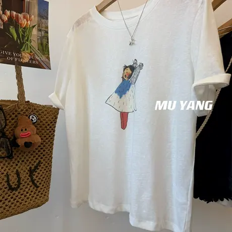 韩国凉感雪花棉~伸懒腰女孩印花短袖T恤女薄款透气百搭上衣潮夏季商品大图