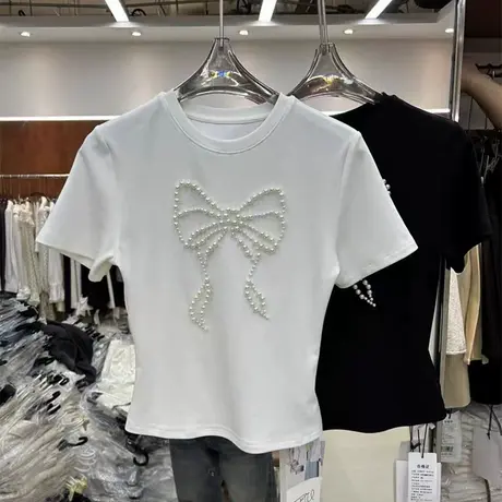 蝴蝶结钉珠设计感短袖T恤女夏季修身韩版小个子短款正肩半袖上衣图片