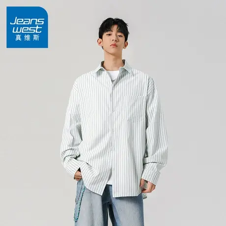 N5真维斯男士长袖衬衫2025秋季新款美式复古条纹男生休闲宽松衬衣商品大图