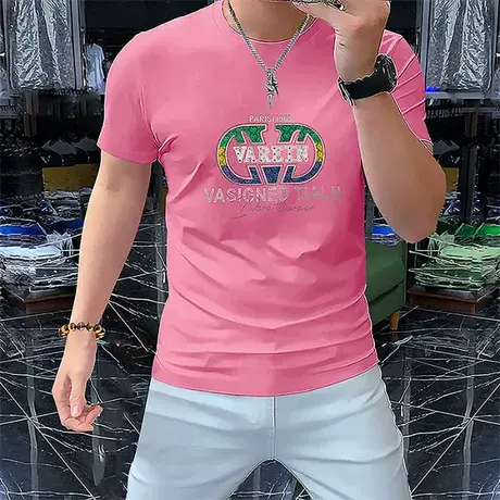 夏季高档丝光棉圆领短袖男士新款修身透气t恤男装半袖上衣潮粉色图片